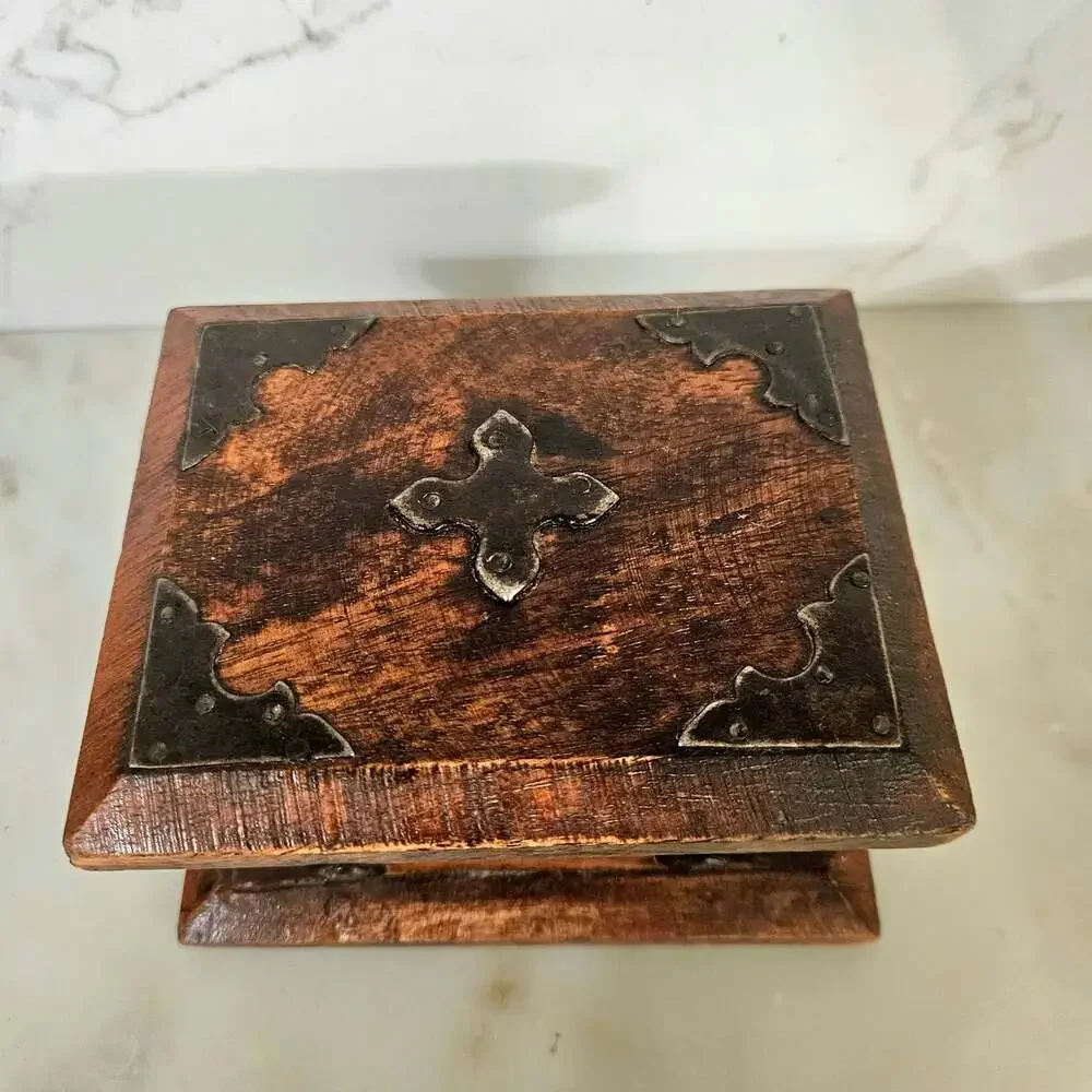 Handcrafted Rustic Wooden Trinket Box with Decorative Metal Accents